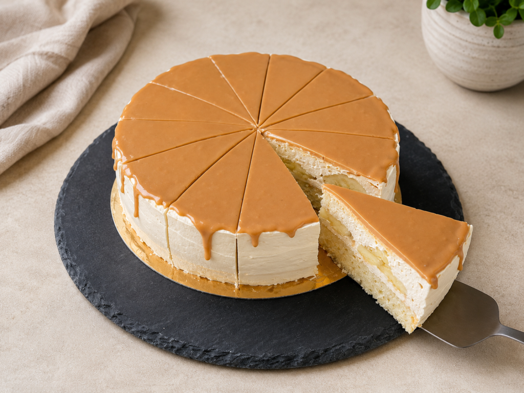 Vegánska torta s karamelovou plnkou a banánmi
